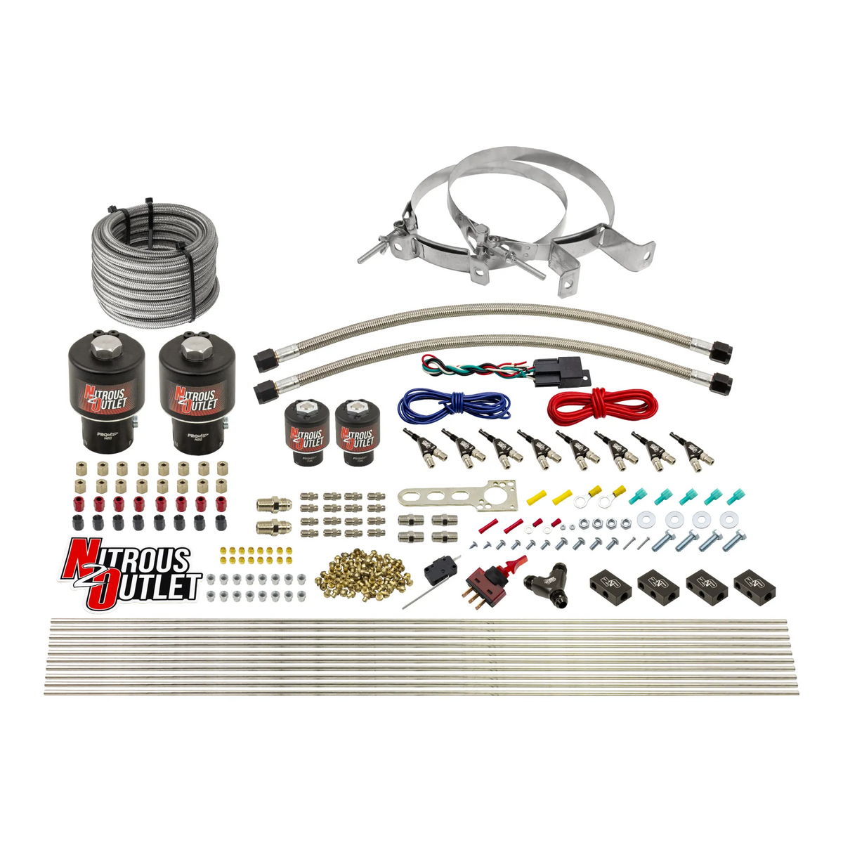 Nitrous Outlet 8 Cylinder Direct Port System - Two .178 Trashcan Nitrous Solenoids/Two .177 Fuel Solenoids/Compact Distribution Blocks/Compression Fittings/90 Degree Discharge Nozzles (Alcohol)(5-7-10 psi)(100-400HP)(No Bottle)