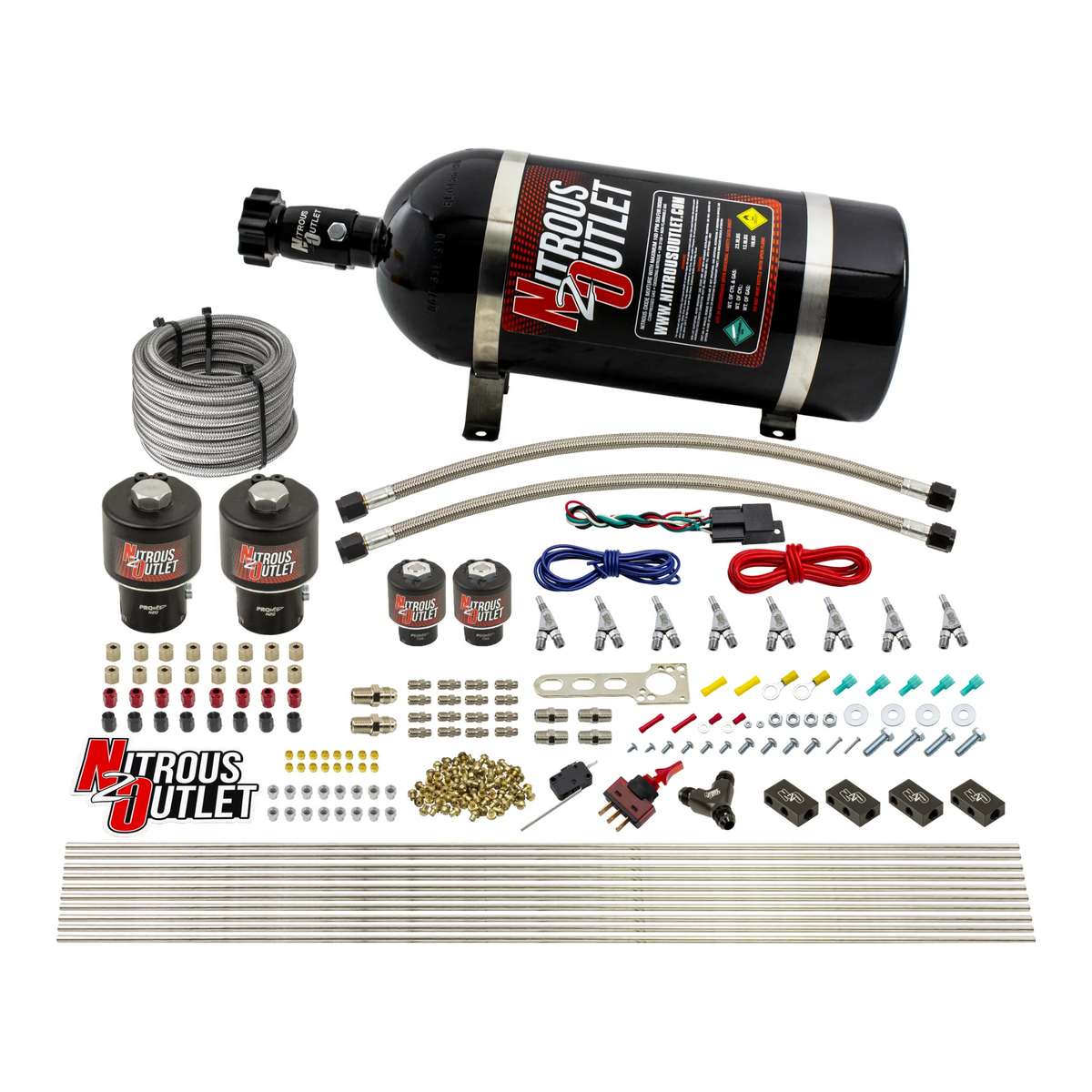 Nitrous Outlet 8 Cylinder Direct Port System - Two .178 Trashcan Nitrous Solenoids/Two .177 Fuel Solenoids/Compact Distribution Blocks/Compression Fittings/Annular Discharge Nozzles (Alcohol)(5-7-10 psi)(100-400HP)(No Bottle)