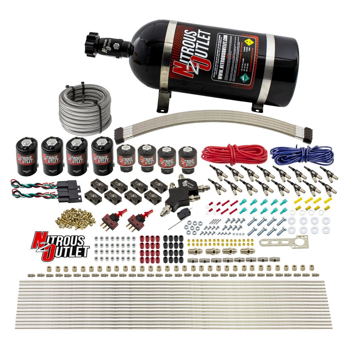 Nitrous Outlet 8 Cylinder Dual Stage Direct Port System - Four .122 Nitrous Solenoids/Four .177 Fuel Solenoids/Compact Distribution Blocks/Compression Fittings/90 Degree Discharge Nozzles (E85)(5-7-10 psi)(100-400HP)(12lb Bottle)