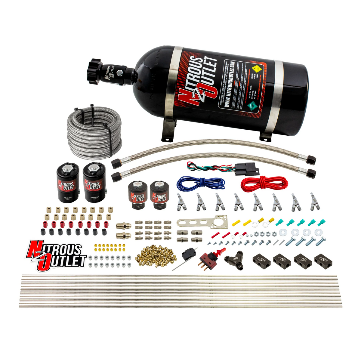 Nitrous Outlet 8 Cylinder Direct Port System - Two .112 Nitrous Solenoids/Two .177 Fuel Solenoids/Compact Distribution Blocks/Compression Fittings/Annular Discharge Nozzles (E85)(5-7-10 psi)(100-400HP)(15lb Bottle)