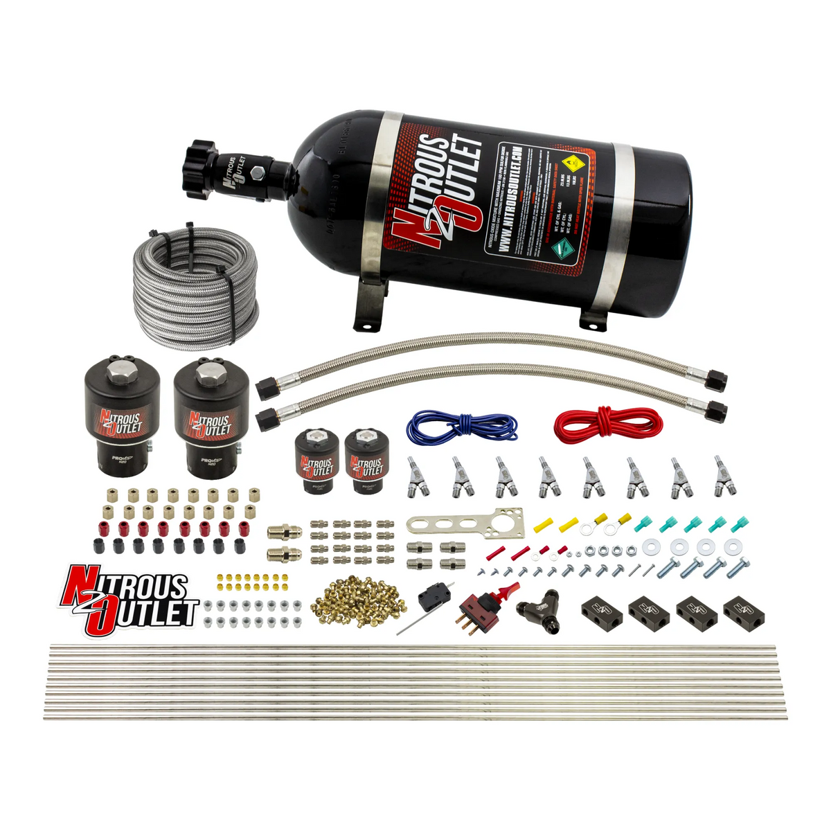 Nitrous Outlet 8 Cylinder Direct Port System - Two .178 Trashcan Nitrous Solenoids/Two .177 Fuel Solenoids/Compact Distribution Blocks/Compression Fittings/Annular Discharge Nozzles (E85)(5-7-10 psi)(100-400HP)(No Bottle)