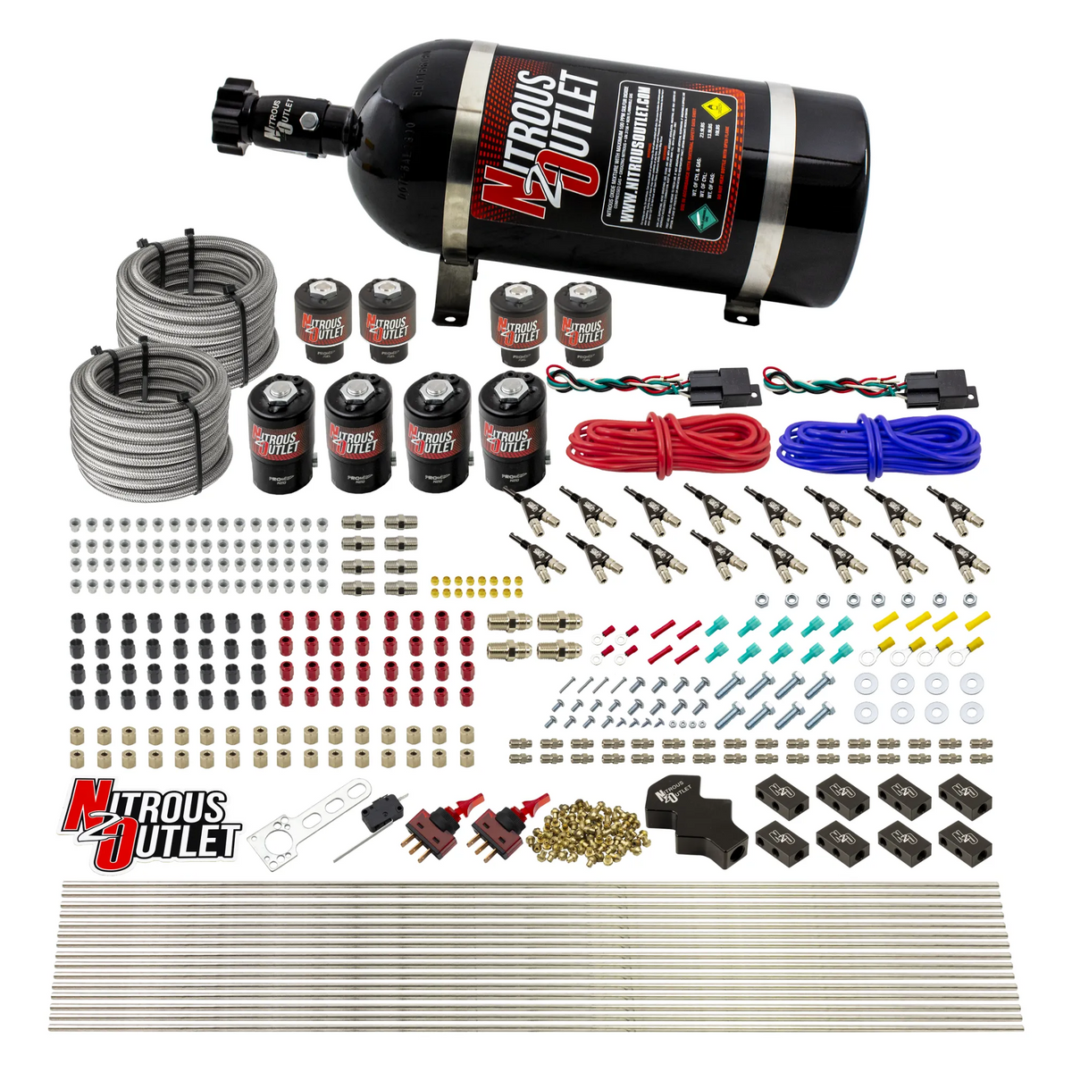 Nitrous Outlet 8 Cylinder Dual Stage Direct Port System - Four .122 Nitrous Solenoids/Four .177 Fuel Solenoids/Compact Distribution Blocks/Compression Fittings/90 Degree Discharge Nozzles (Gas)(5-7-10 psi)(100-400HP)(15lb Bottle)