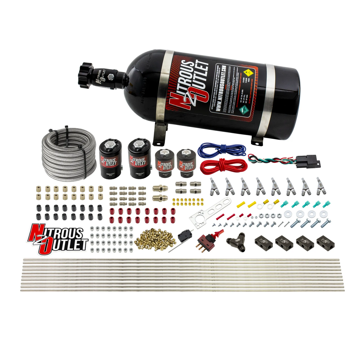Nitrous Outlet 8 Cylinder Direct Port System - Two .122 Nitrous Solenoids/Two .177 Fuel Solenoids/Compact Distribution Blocks/Compression Fittings/Annular Discharge Nozzles (Gas)(5-7-10 psi)(100-400HP)(No Bottle)