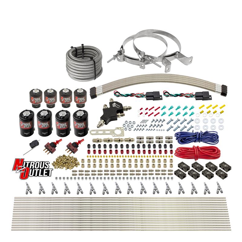 Nitrous Outlet 8 Cylinder Dual Stage Direct Port System - Four .122 Nitrous Solenoids/Four .177 Fuel Solenoids/Compact Distribution Blocks/Compression Fittings/Annular Discharge Nozzles (Gas)(5-7-10 psi)(100-400HP)(10lb Bottle)