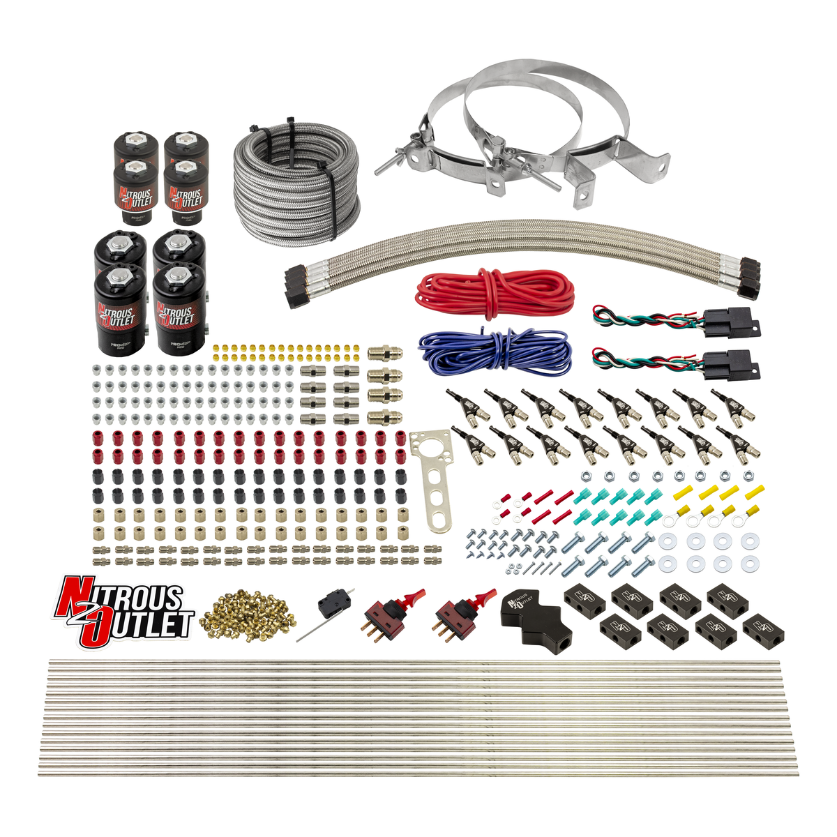 Nitrous Outlet 8 Cylinder Dual Stage Direct Port System - Four .122 Nitrous Solenoids/Four .177 Fuel Solenoids/Compact Distribution Blocks/Compression Fittings/90 Degree Discharge Nozzles (Gas)(45-55 psi)(100-400HP)(15lb Bottle)