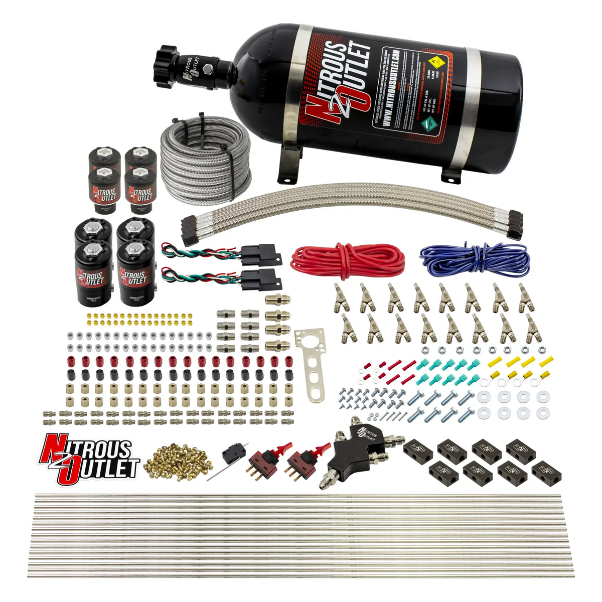 Nitrous Outlet 8 Cylinder Dual Stage Direct Port System - Four .122 Nitrous Solenoids/Four .177 Fuel Solenoids/Compact Distribution Blocks/Compression Fittings/Annular Discharge Nozzles (Gas)(45-55 psi)(100-400HP)(10lb Bottle)