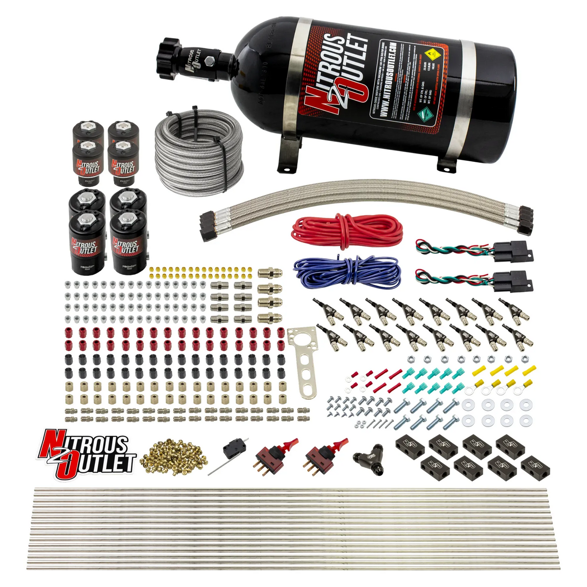 Nitrous Outlet 8 Cylinder Dual Stage Direct Port System - Four .112 Nitrous Solenoids/Four .177 Fuel Solenoids/Compact Distribution Blocks/Compression Fittings/90 Degree Discharge Nozzles (Gas)(45-55 psi)(100-400HP)(10lb Bottle)