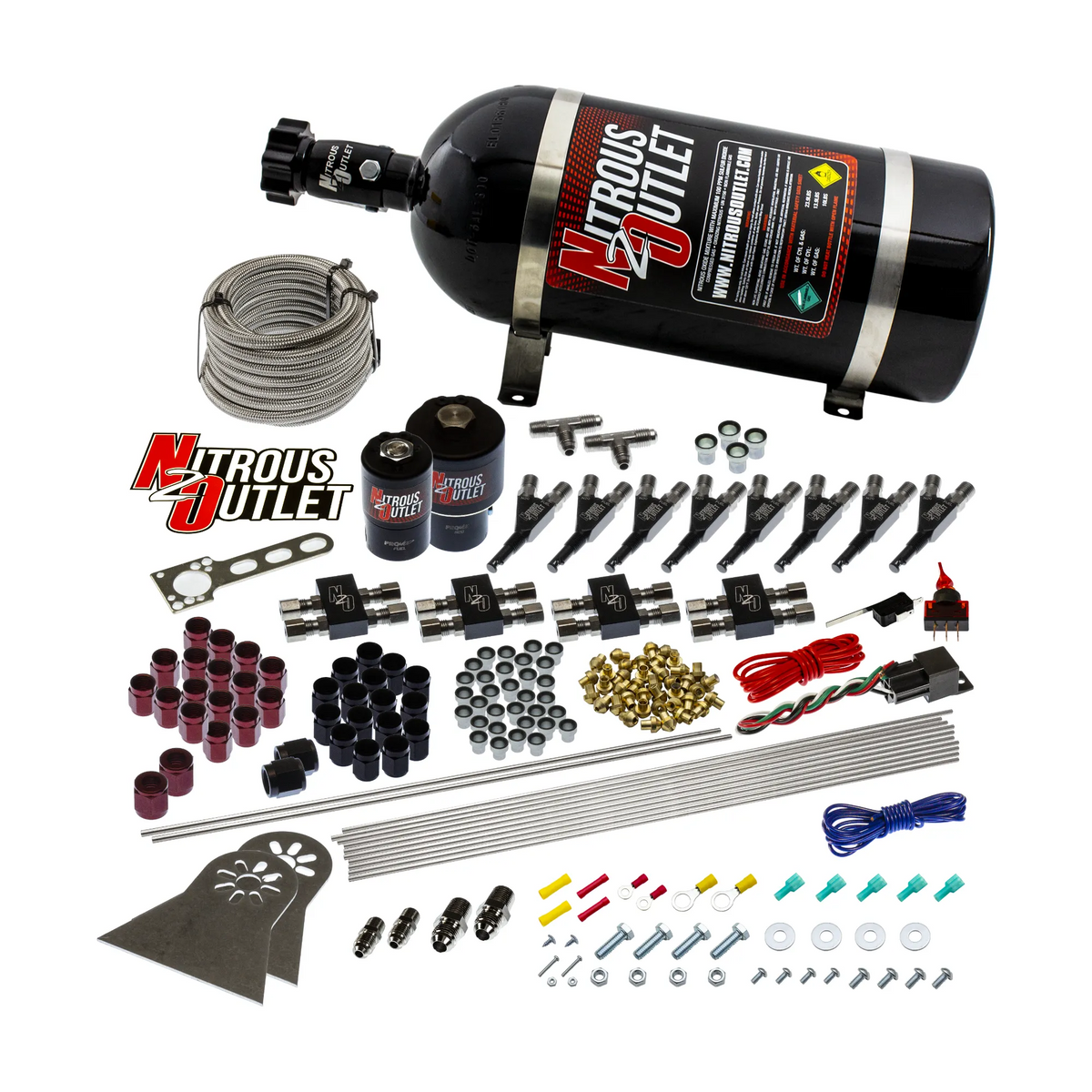 Nitrous Outlet 8 Cylinder Direct Port System - Two .178 Trashcan Nitrous Solenoids/Two .310 Fuel Solenoids/Compact Distribution Blocks/Compression Fittings/90 Degree Discharge Nozzles (Gas)(5-7-10 psi)(100-400 HP)(15lb Bottle)