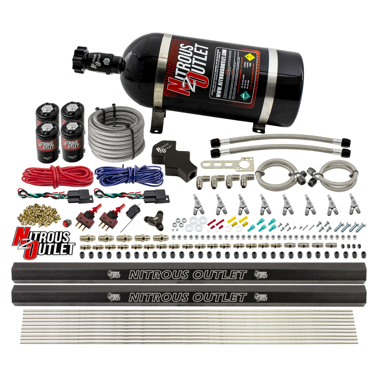 Nitrous Outlet Dry 8 Cylinder Direct Port System - Four .122 Nitrous Solenoids/Two Dual Passage Injection Rails/SBT Dual Passage Nozzles (100-400HP)(No Bottle)