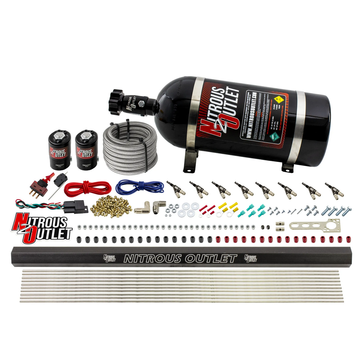 Nitrous Outlet 8 Cylinder Direct Port System - .122 Nitrous Solenoid/.310 Fuel Solenoid/Dual Passage Injection Rail/90 Degree Discharge Nozzles (Gas)(5-7-10 psi)(100-400HP)(No Bottle)