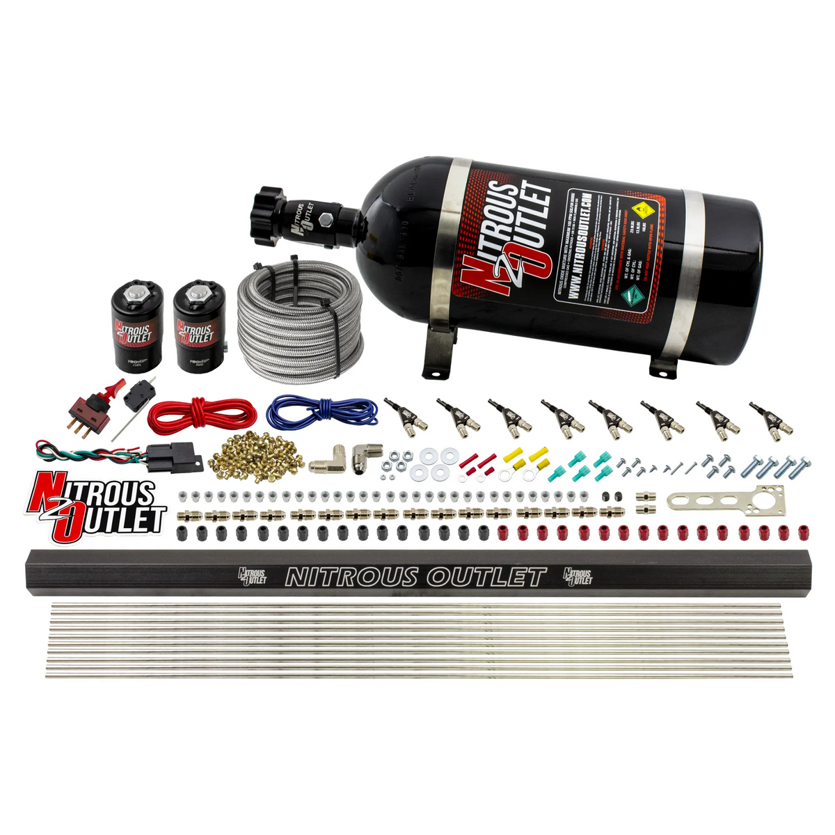 Nitrous Outlet 8 Cylinder Direct Port System - .122 Nitrous Solenoid/.310 Fuel Solenoid/Dual Passage Injection Rail/90 Degree Discharge Nozzles (E85)(45-55 psi)(100-400HP)(No Bottle)
