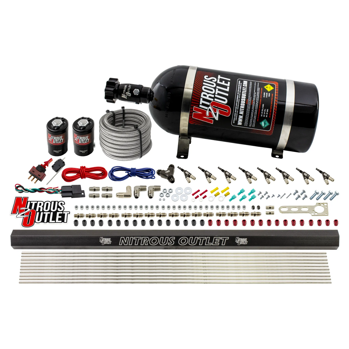 Nitrous Outlet 8 Cylinder Direct Port System - .122 Nitrous Solenoid/.310 Fuel Solenoid/Dual Passage Injection Rail/90 Degree Discharge Nozzles (Gas)(45-55 psi)(100-400HP)(10lb Bottle)
