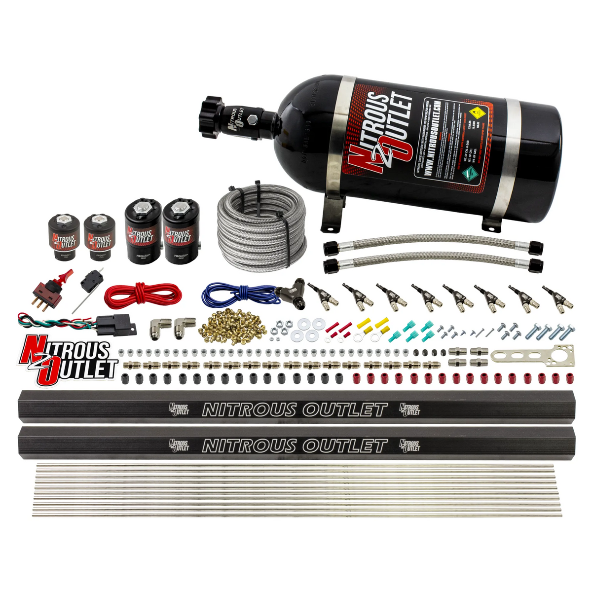 Nitrous Outlet 8 Cylinder Direct Port System - Two .112 Nitrous Solenoids/Two .177 Fuel Solenoids/Two Dual Passage Injection Rails/90 Degree Discharge Nozzles (E85)(5-7-10 psi)(100-400HP)(No Bottle)