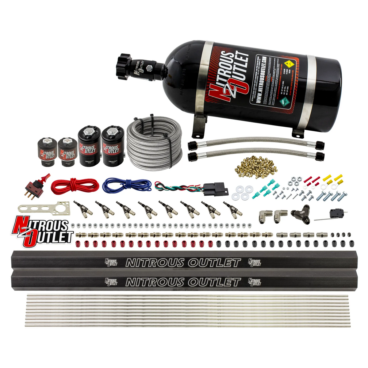 Nitrous Outlet 8 Cylinder Direct Port System - Two .122 Nitrous Solenoids/Two .177 Fuel Solenoids/Two Dual Passage Injection Rails/90 Degree Discharge Nozzles (Gas)(45-55 psi)(100-400HP)(No Bottle)