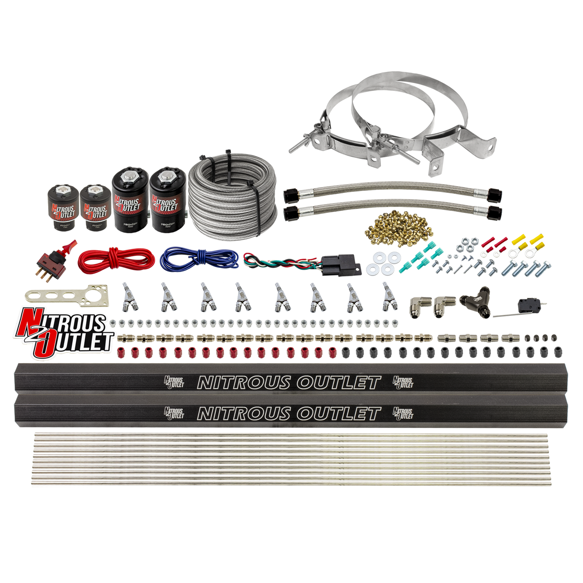 Nitrous Outlet 8 Cylinder Direct Port System - Two .112 Nitrous Solenoids/Two .177 Fuel Solenoids/Two Dual Passage Injection Rails/Annular Discharge Nozzles (Gas)(45-55 psi)(100-400HP)(15lb Bottle)