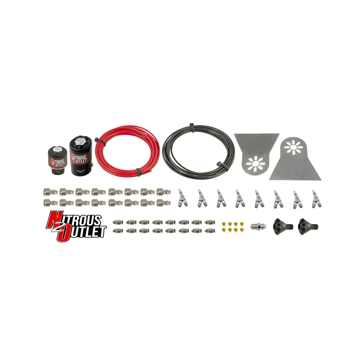 Nitrous Outlet 8 Cylinder Solenoids forward Direct Port Conversion Kit  - .112 Nitrous Solenoid/.177 Fuel Solenoid/Nylon Hose/Showerhead Distribution Blocks/Annular Discharge Nozzles (Includes 200HP Jetting - Gas/7 psi)