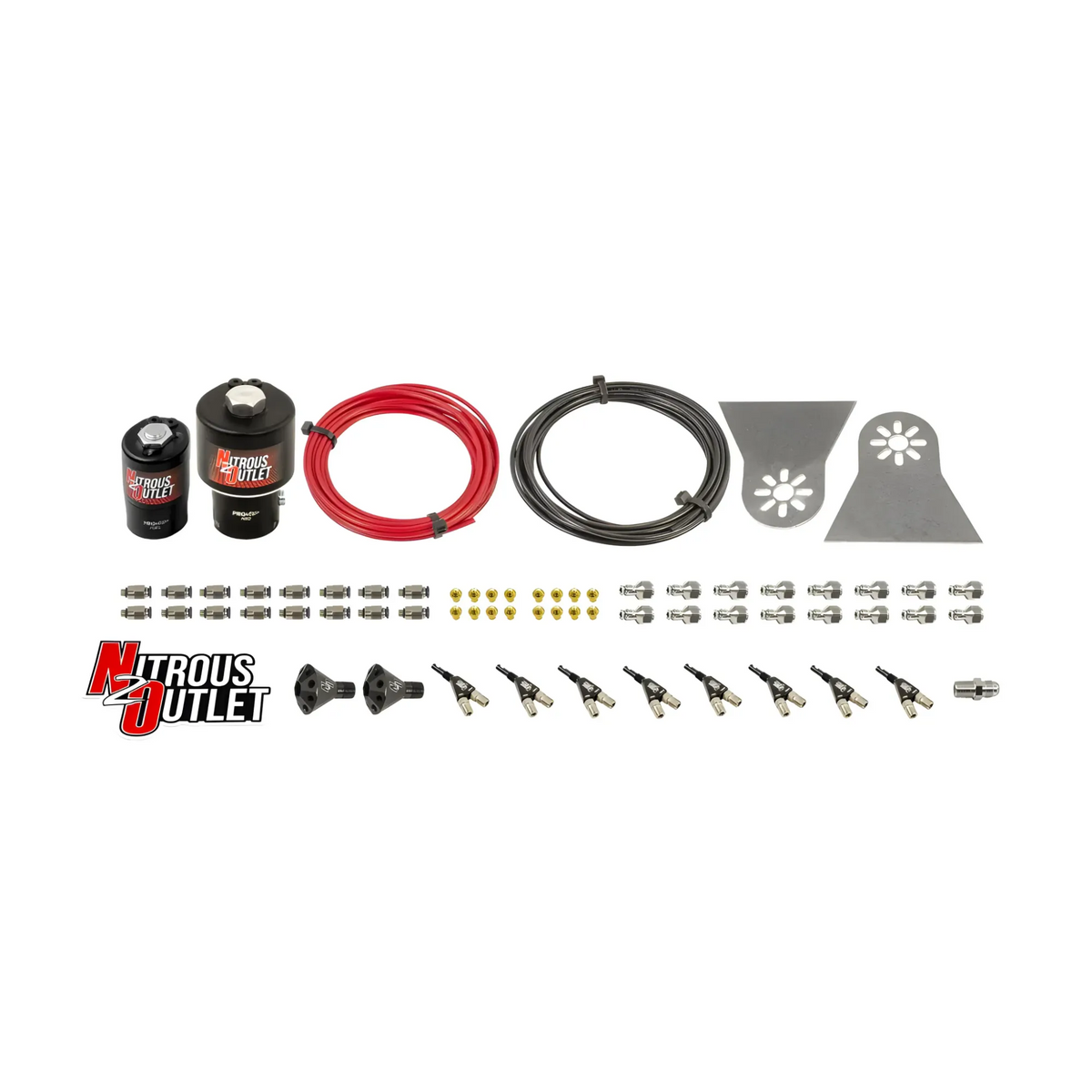 Nitrous Outlet 8 Cylinder Solenoids forward Direct Port Conversion Kit  - .178 Trashcan Nitrous Solenoid/.310 Fuel Solenoid/Nylon Hose/Showerhead Distribution Blocks/90 Degree Discharge Nozzles (Includes 200HP Jetting - Gas/7 psi)