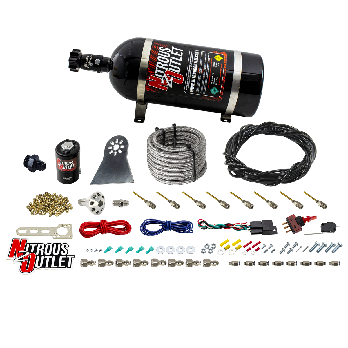Nitrous Outlet Dry 8 Cylinder Direct Port System - .122 Nitrous Solenoids/Nylon Hose/Showerhead Distribution Blocks/Plate Fittings (100-500HP)(No Bottle)