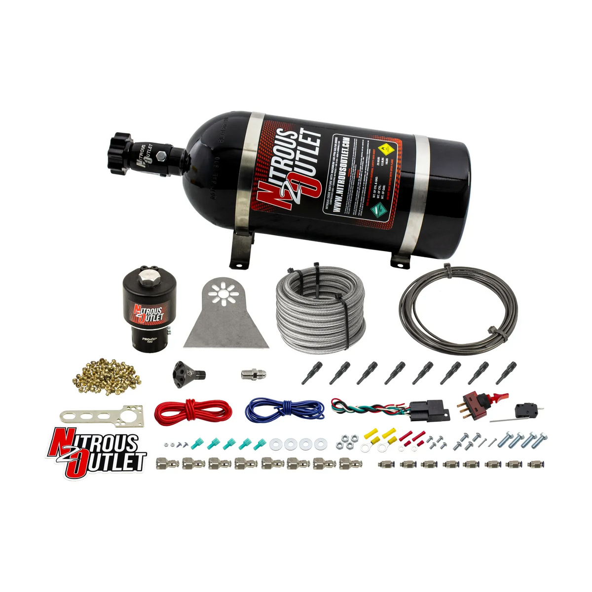 Nitrous Outlet Dry 8 Cylinder Direct Port System - .178 Trashcan Nitrous Solenoids/Nylon Hose/Showerhead Distribution Blocks/90 Degree Discharge Nozzles (100-600HP)(No Bottle)