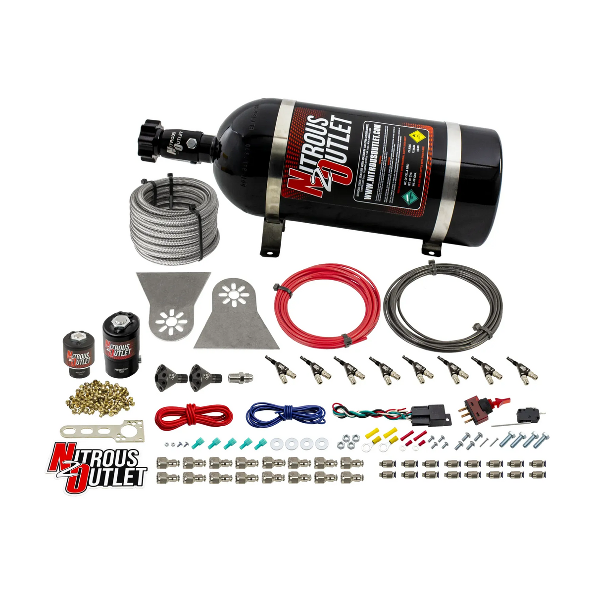 Nitrous Outlet 8 Cylinder Direct Port System - .112 Nitrous Solenoids/.177 Fuel Solenoids/Nylon Hose/Showerhead Distribution Blocks/90 Degree Discharge Nozzles (Gas)(45-55 psi)(100-400HP)(10lb Bottle)