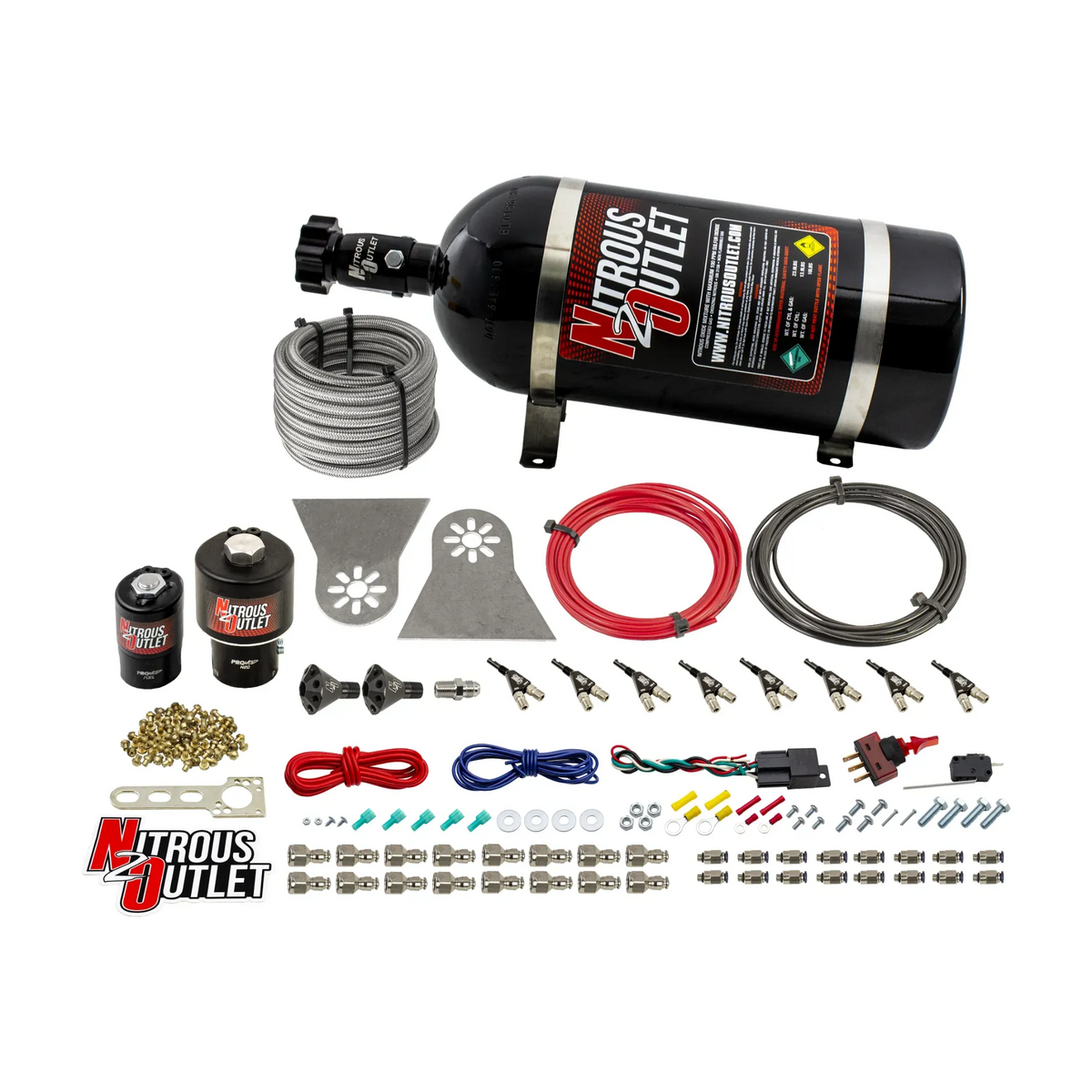 Nitrous Outlet 8 Cylinder Direct Port System - .178 Trashcan Nitrous Solenoids/.310 Fuel Solenoids/Nylon Hose/Showerhead Distribution Blocks/90 Degree Discharge Nozzles (Gas)(45-55 psi)(100-600HP)(12lb Bottle)