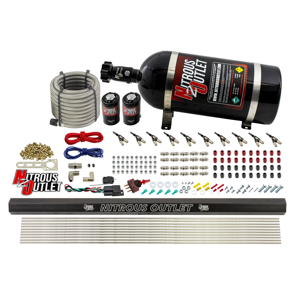Nitrous Outlet 10 Cylinder Direct Port System - .122 Nitrous Solenoid/.310 Fuel Solenoid/Dual Passage Injection Rail/90 Degree Discharge Nozzles (E85)(45-55 psi)(125-375HP)(15lb Bottle)
