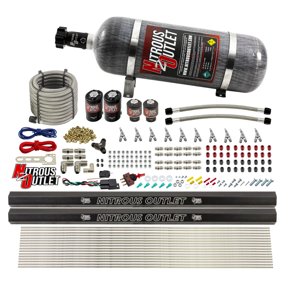 Nitrous Outlet 10 Cylinder Direct Port System - Two .122 Nitrous Solenoid/Two .177 Fuel Solenoid/Two Dual Passage Injection Rail/Annular Discharge Nozzles (E85)(5-7-10 psi)(125-375HP)(12lb Bottle)