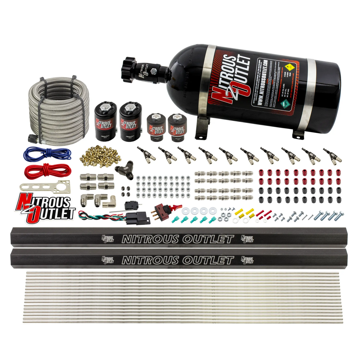 Nitrous Outlet 10 Cylinder Direct Port System - Two .122 Nitrous Solenoid/Two .177 Fuel Solenoid/Two Dual Passage Injection Rail/90 Degree Discharge Nozzles (Gas)(5-7-10 psi)(125-375HP)(15lb Bottle)