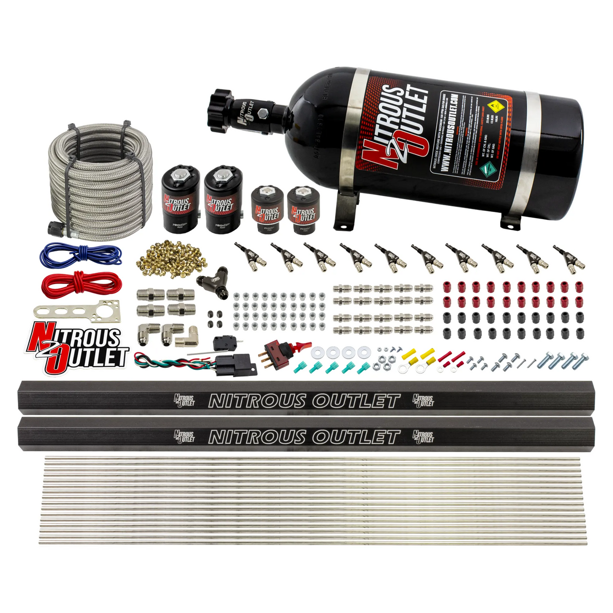Nitrous Outlet 10 Cylinder Direct Port System - Two .122 Nitrous Solenoid/Two .177 Fuel Solenoid/Two Dual Passage Injection Rail/90 Degree Discharge Nozzles (E85)(5-7-10 psi)(125-375HP)(10lb Bottle)