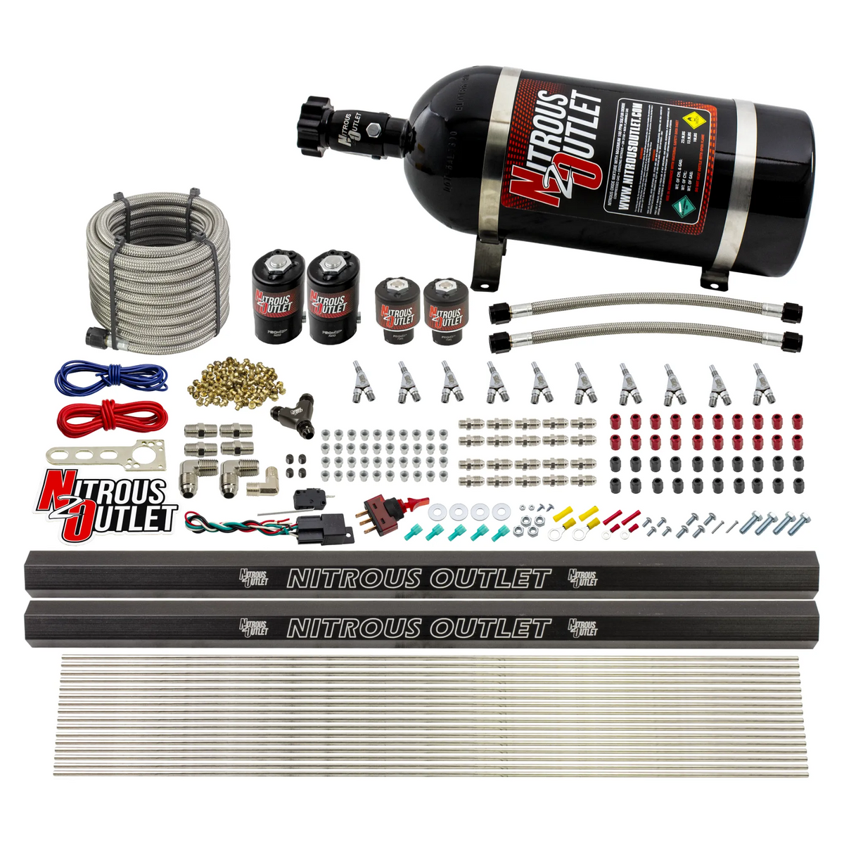 Nitrous Outlet 10 Cylinder Direct Port System - Two .122 Nitrous Solenoid/Two .177 Fuel Solenoid/Two Dual Passage Injection Rail/Annular Discharge Nozzles (Gas)(5-7-10 psi)(125-375HP)(15lb Bottle)