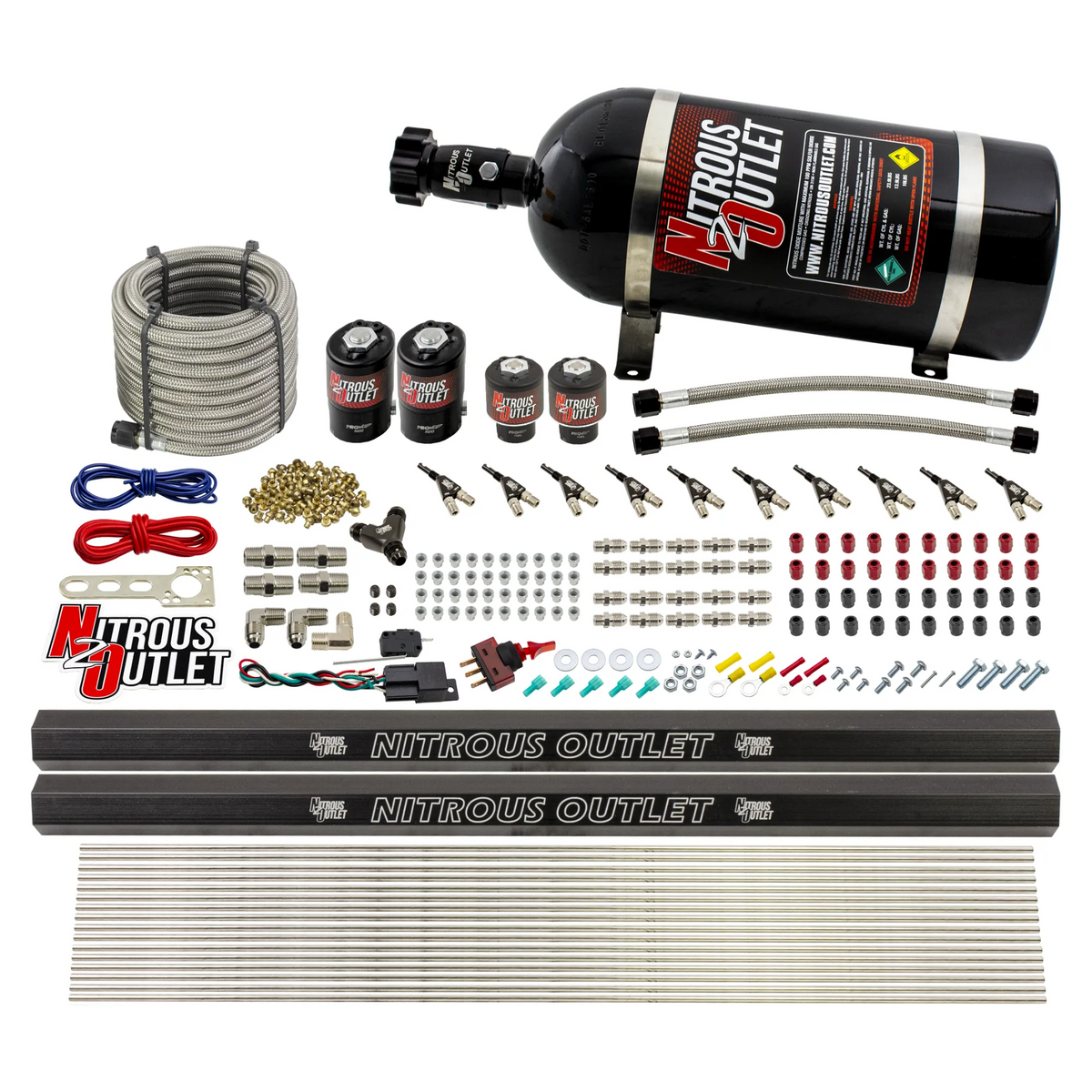 Nitrous Outlet 10 Cylinder Direct Port System - Two .122 Nitrous Solenoid/Two .310 Fuel Solenoid/Two Dual Passage Injection Rail/90 Degree Discharge Nozzles (Gas)(45-55 psi)(125-375HP)(12lb Bottle)