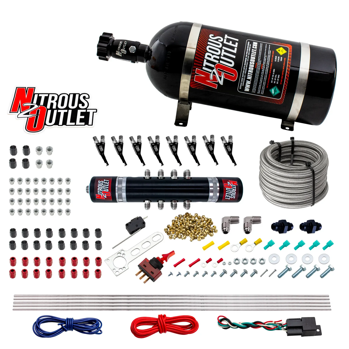 Nitrous Outlet 8 Cylinder 'Black Widow' Direct Port System - .122 Nitrous Solenoid/.310 Fuel Solenoid/Solenoid Distribution Block/90 Degree Discharge Nozzles (Gas)(45-55 psi)(100-400 HP)(12lb Bottle)