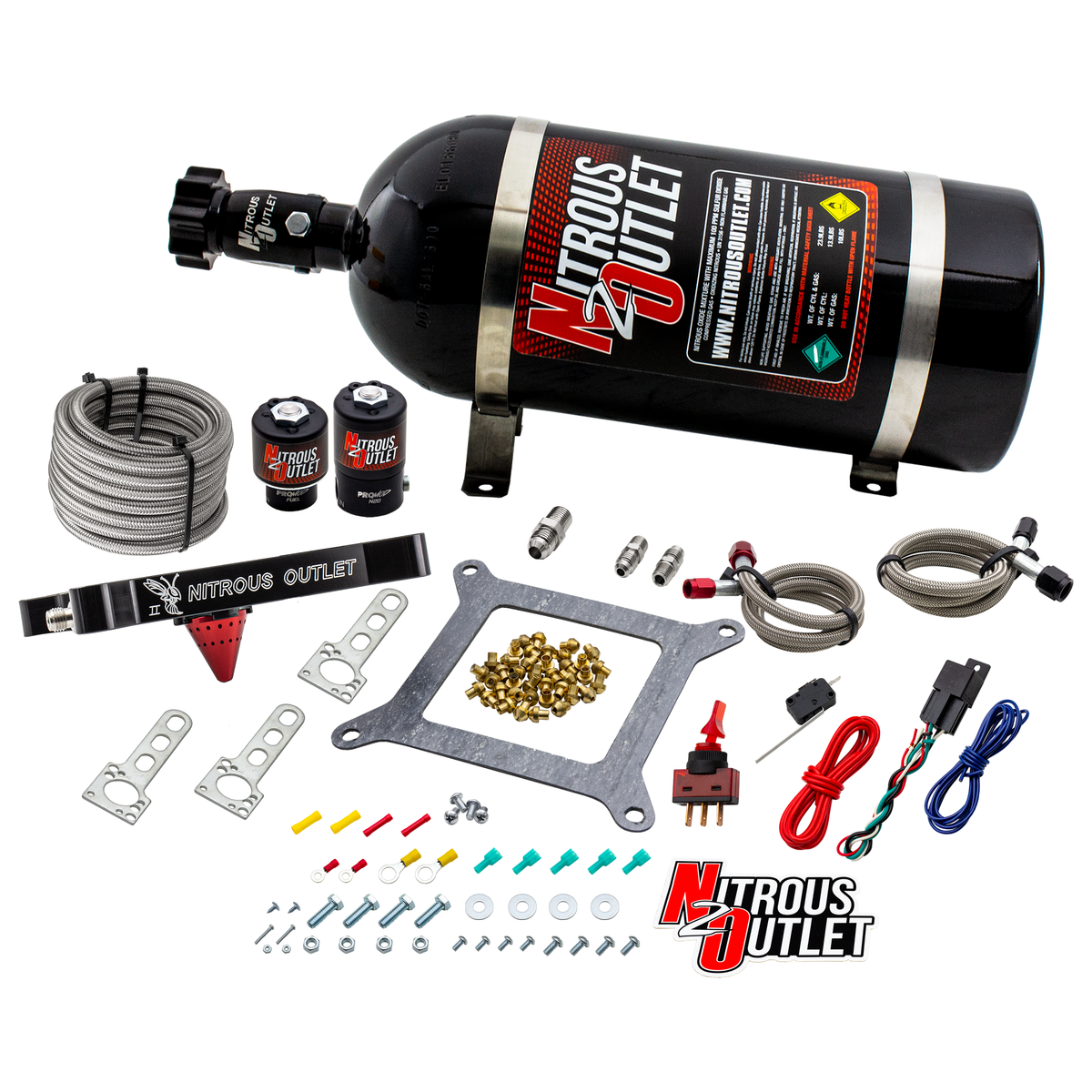 Nitrous Outlet 4150 Stinger 2 System - Braided Hoses/.122 Nitrous Solenoid/.177 Fuel Solenoid/Universal Solenoid Brackets - (Gas/E85)(5-55 psi)(50-500 HP)(12lb Bottle)