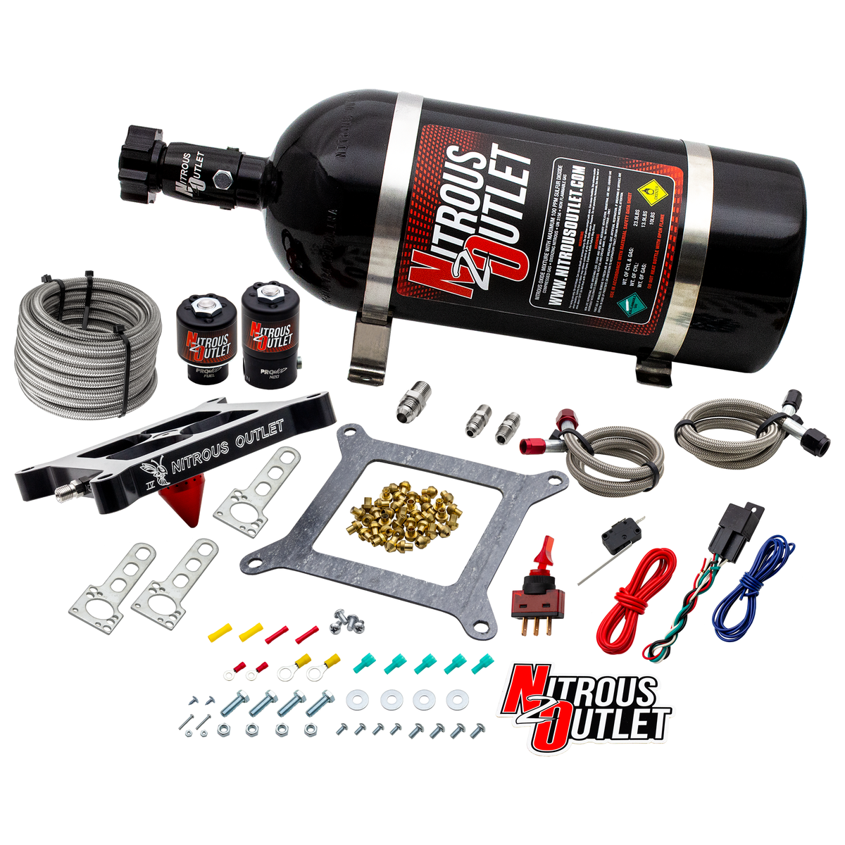 Nitrous Outlet 4150 Stinger 4 System - Braided Hoses/.122 Nitrous Solenoid/.177 Fuel Solenoid/Universal Solenoid Brackets - (Gas/E85)(5-55 psi)(50-500 HP)(15lb Bottle)