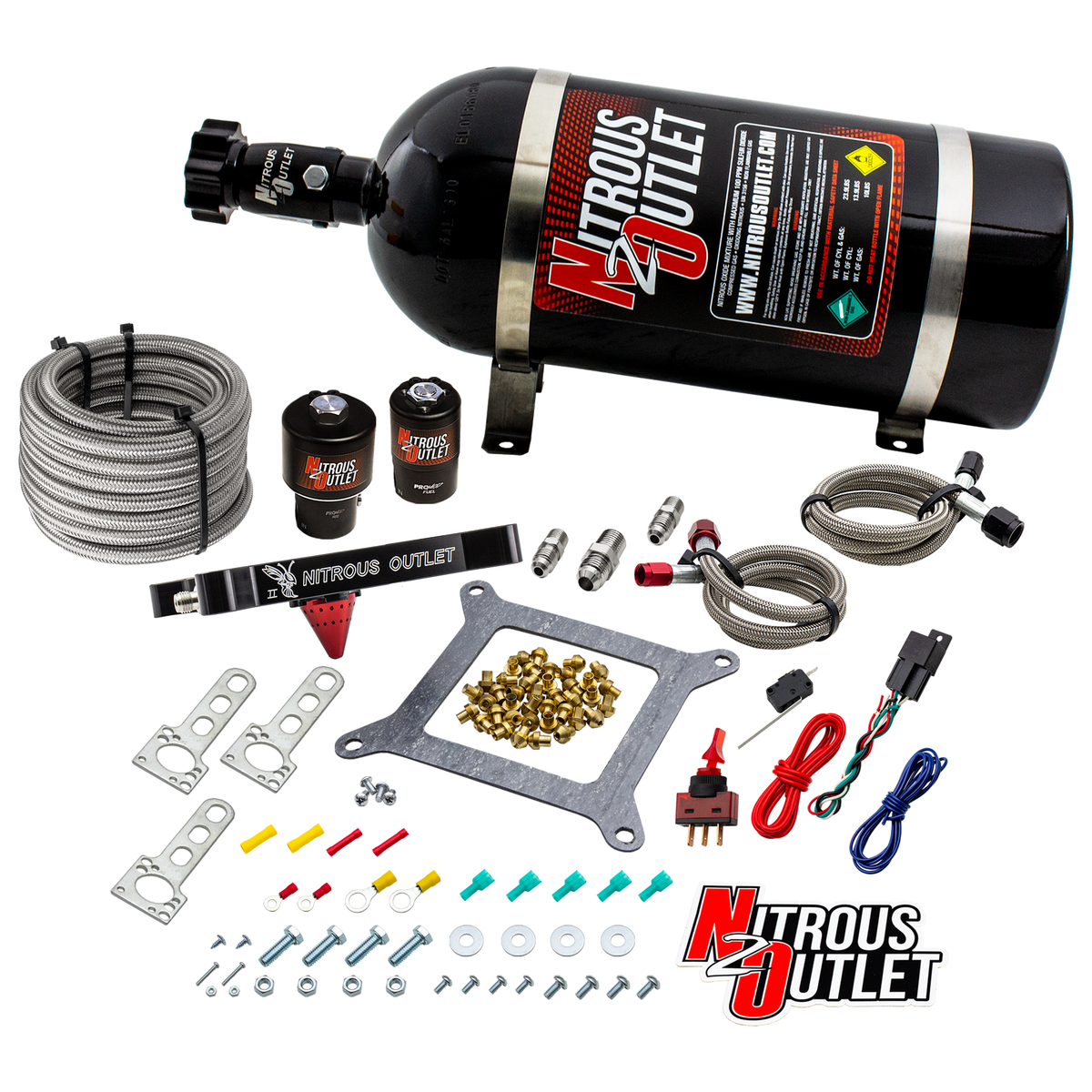 Nitrous Outlet 4150 Stinger 2 Race System - Braided Hoses/.178 Trashcan Nitrous Solenoid/.310 Fuel Solenoid/Universal Solenoid Brackets - (Gas/E85)(5-55 psi)(50-600 HP)(No Bottle)