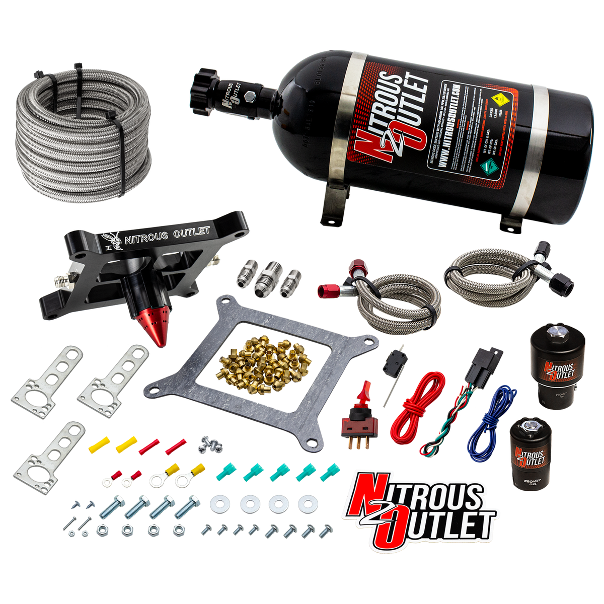 Nitrous Outlet 4150 Stinger 3 Race System - Braided Hoses/.178 Trashcan Nitrous Solenoid/.310 Fuel Solenoid/Universal Solenoid Brackets - (Gas/E85)(5-55 psi)(50-600 HP)(No Bottle)