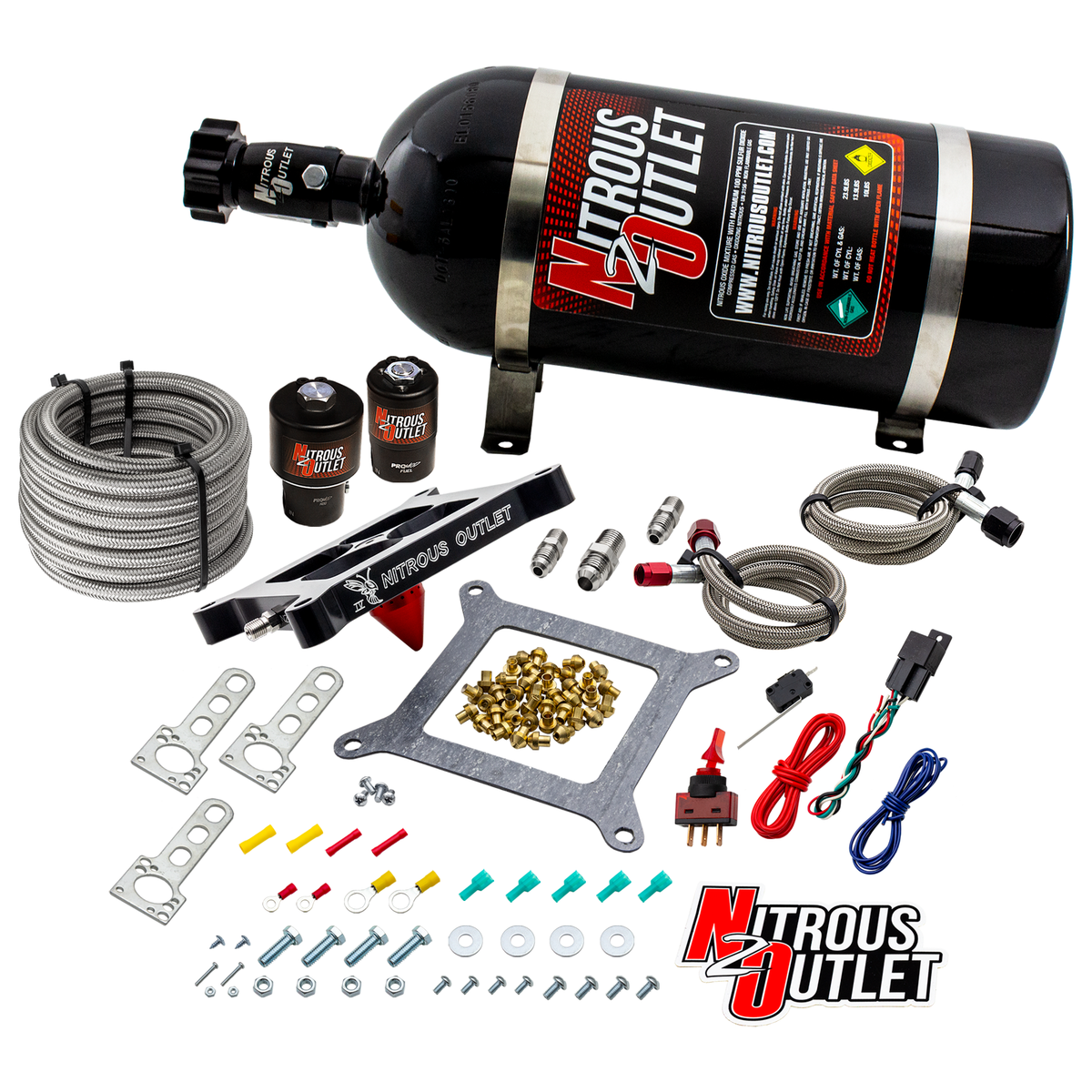 Nitrous Outlet 4150 Stinger 4 Race System - Braided Hoses/.178 Trashcan Nitrous Solenoid/.310 Fuel Solenoid/Universal Solenoid Brackets - (Gas/E85)(5-55 psi)(50-600 HP)(12lb Bottle)