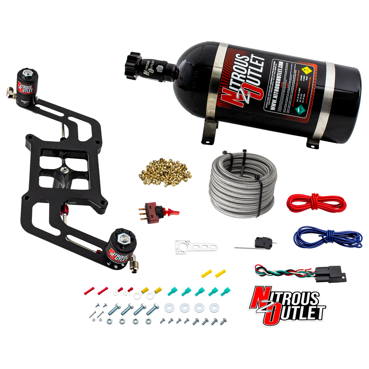 Nitrous Outlet 4150 Stinger 3 System - Hard-line/.122 Nitrous Solenoid/.177 Fuel Solenoid/Boomerang Solenoid Bracket - (Gas/E85)(5-55 psi)(50-500 HP)(12lb Bottle)