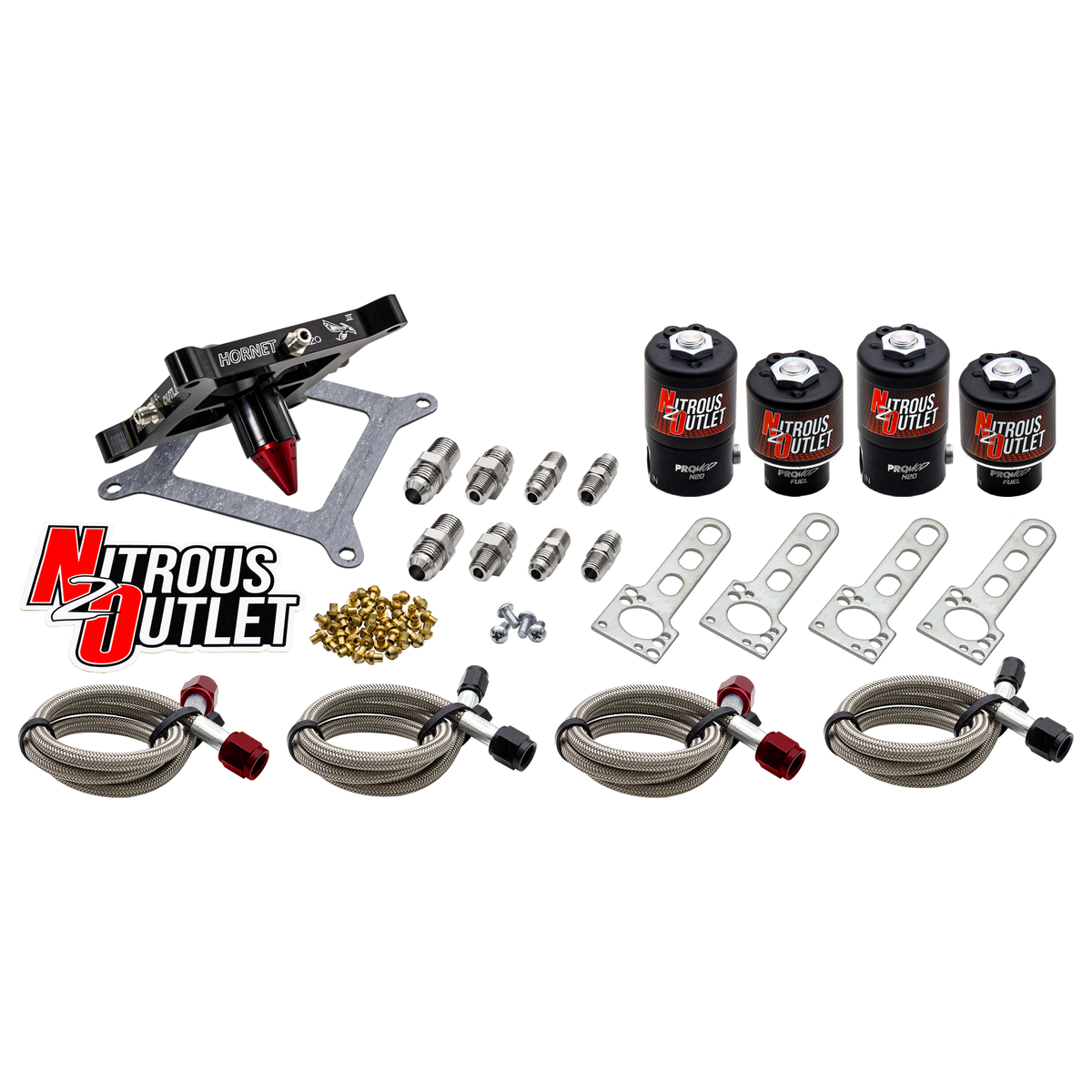 Nitrous Outlet 4150  Hornet 3 Dual Stage Solenoid Forward Conversion Kit - Two .122 Nitrous Solenoids/Two .177 Fuel Solenoids/Universal Solenoid Brackets - (Gas/E85)(5-55 psi)(50-500 HP Per Stage)