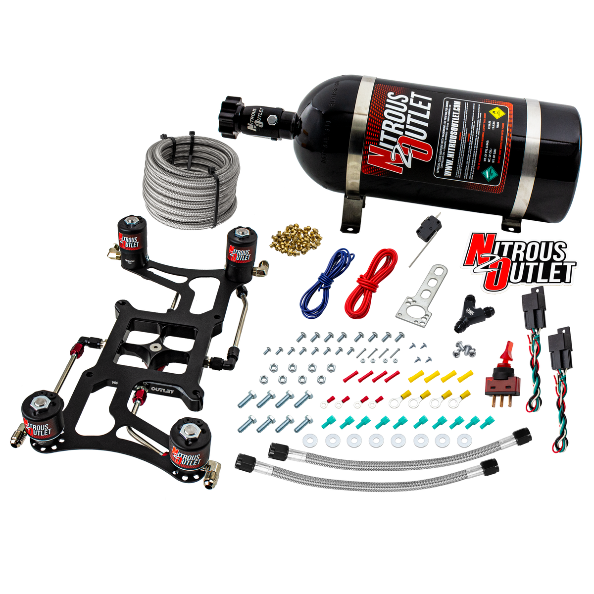 Nitrous Outlet 4150 Hornet 2 Dual Stage System - Hard-line/Two .122 Nitrous Solenoids/Two .177 Fuel Solenoids/Four Solenoid Boomerang Bracket - (Gas/E85)(5-55 psi)(50-500 HP Per Stage)(No Bottle)