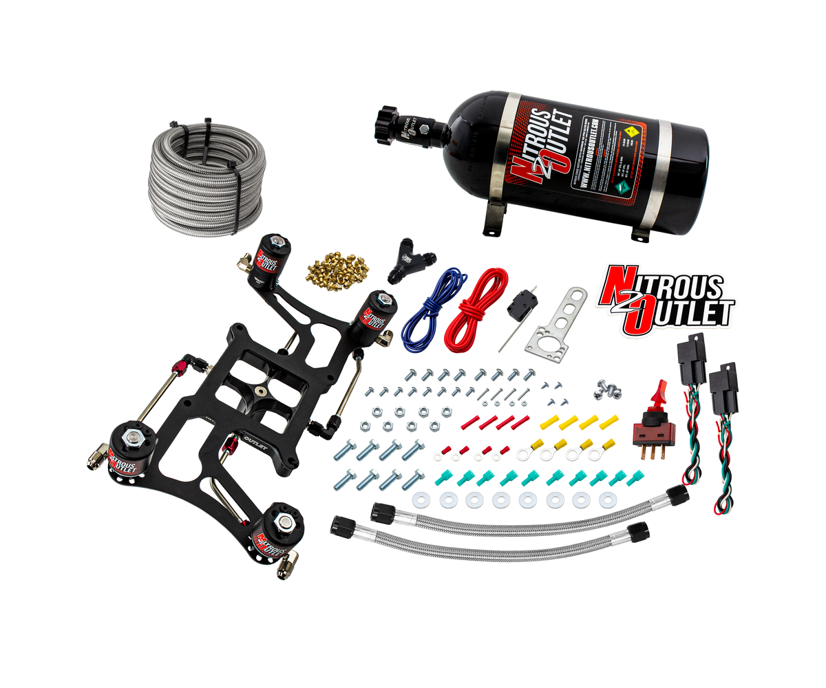 Nitrous Outlet 4150 Hornet 3 Dual Stage System - Hard-line/Two .122 Nitrous Solenoids/Two .177 Fuel Solenoids/Four Solenoid Boomerang Bracket - (Gas/E85)(5-55 psi)(50-500 HP Per Stage)(No Bottle)