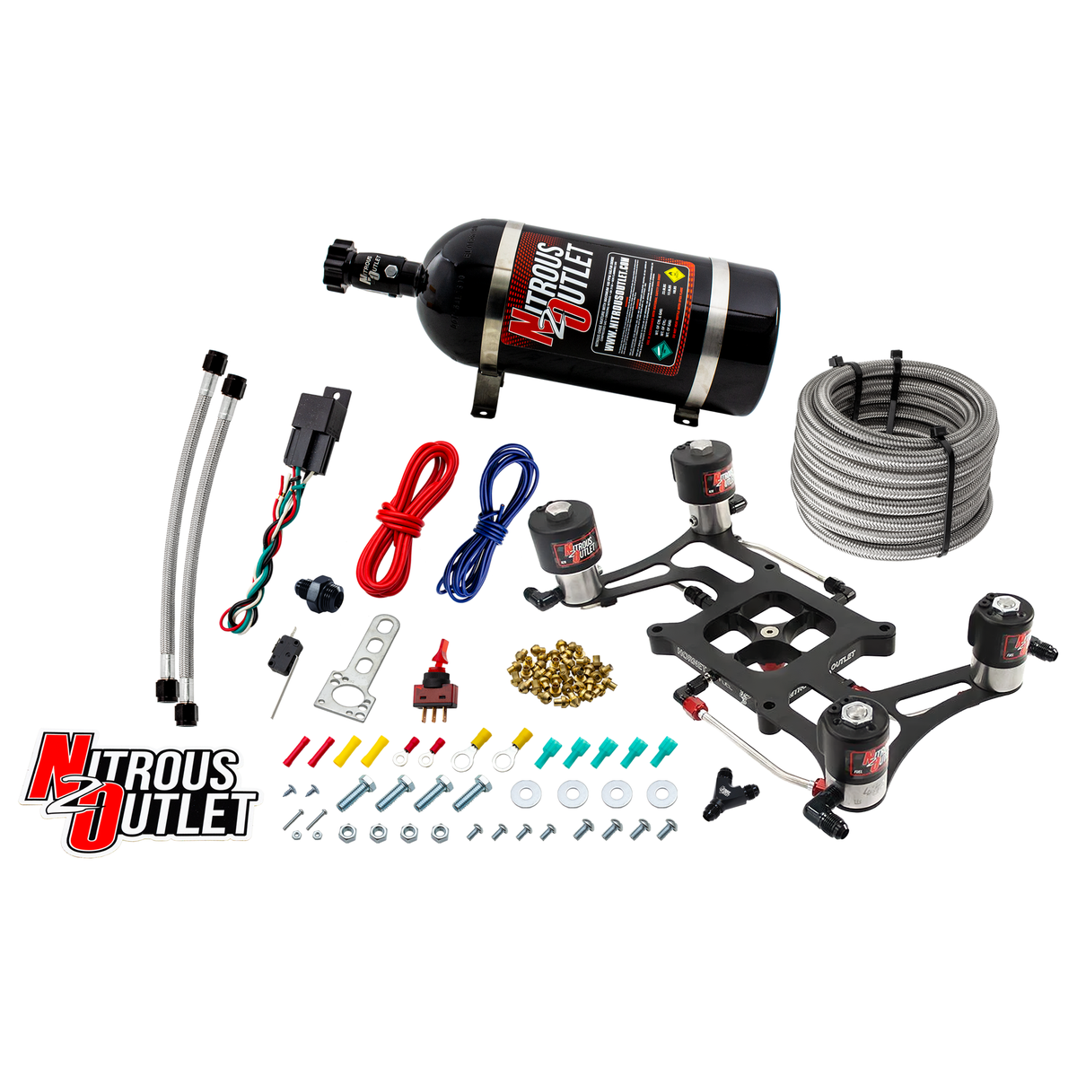 Nitrous Outlet 4150 Hornet 3 Race Dual Stage System - Hard-line/Two .178 Trashcan Nitrous Solenoids/Two .310 Fuel Solenoids/Four Solenoid Boomerang Bracket - (Gas/E85)(5-55 psi)(50-600 HP Per Stage)(12lb Bottle)