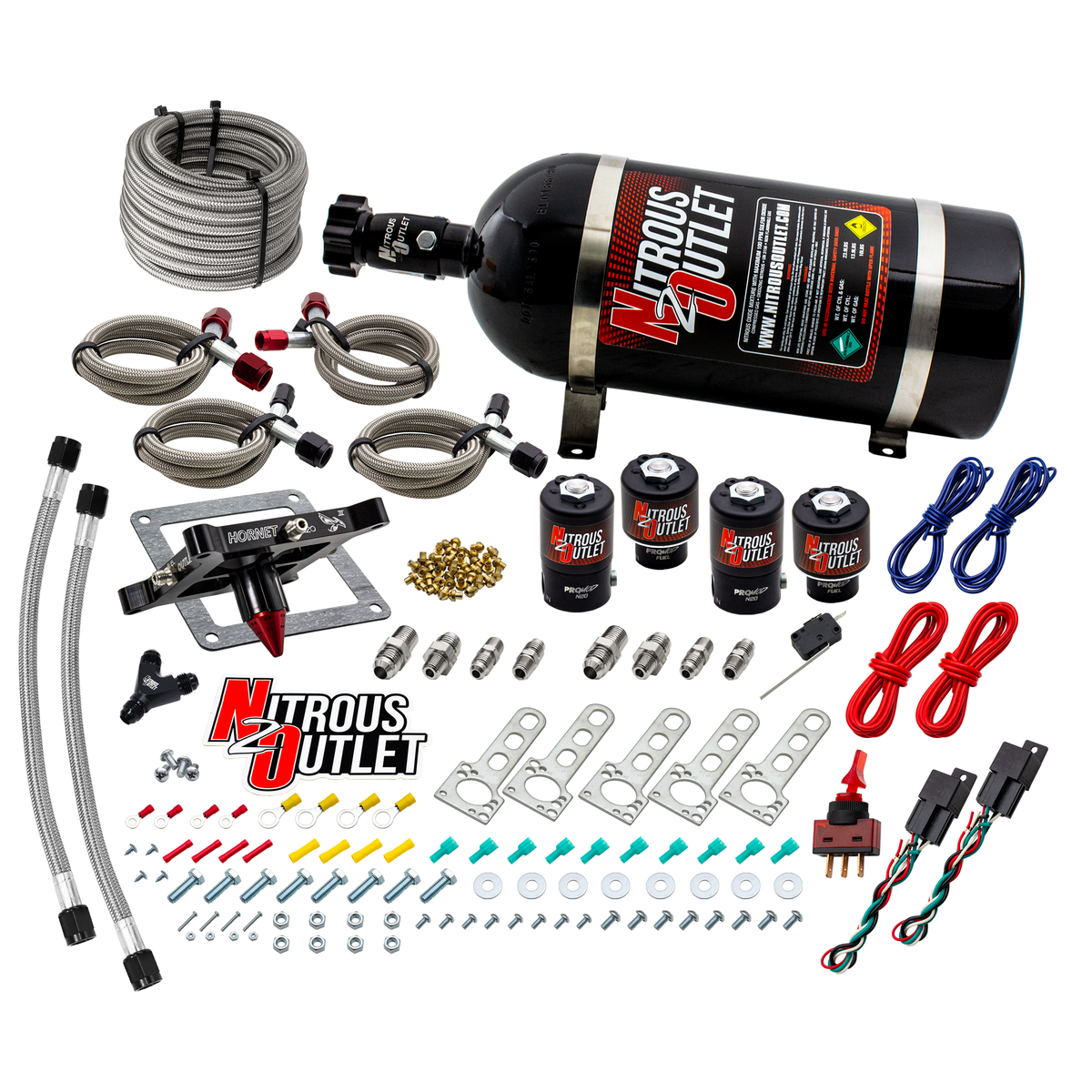 Nitrous Outlet 4500  Hornet 3 Dual Stage System - Two .122 Nitrous Solenoids/Two .177 Fuel Solenoids/Universal Solenoid Brackets - (Gas/E85)(5-55 psi)(50-500 HP Per Stage)(No Bottle)
