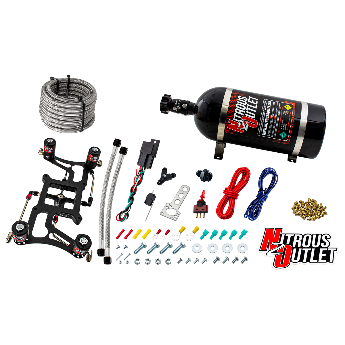 Nitrous Outlet 4500 Hornet 3 Dual Stage System - Hard-line/Two .122 Nitrous Solenoids/Two .177 Fuel Solenoids/Four Solenoid Boomerang Bracket - (Gas/E85)(5-55 psi)(50-500 HP Per Stage)(No Bottle)