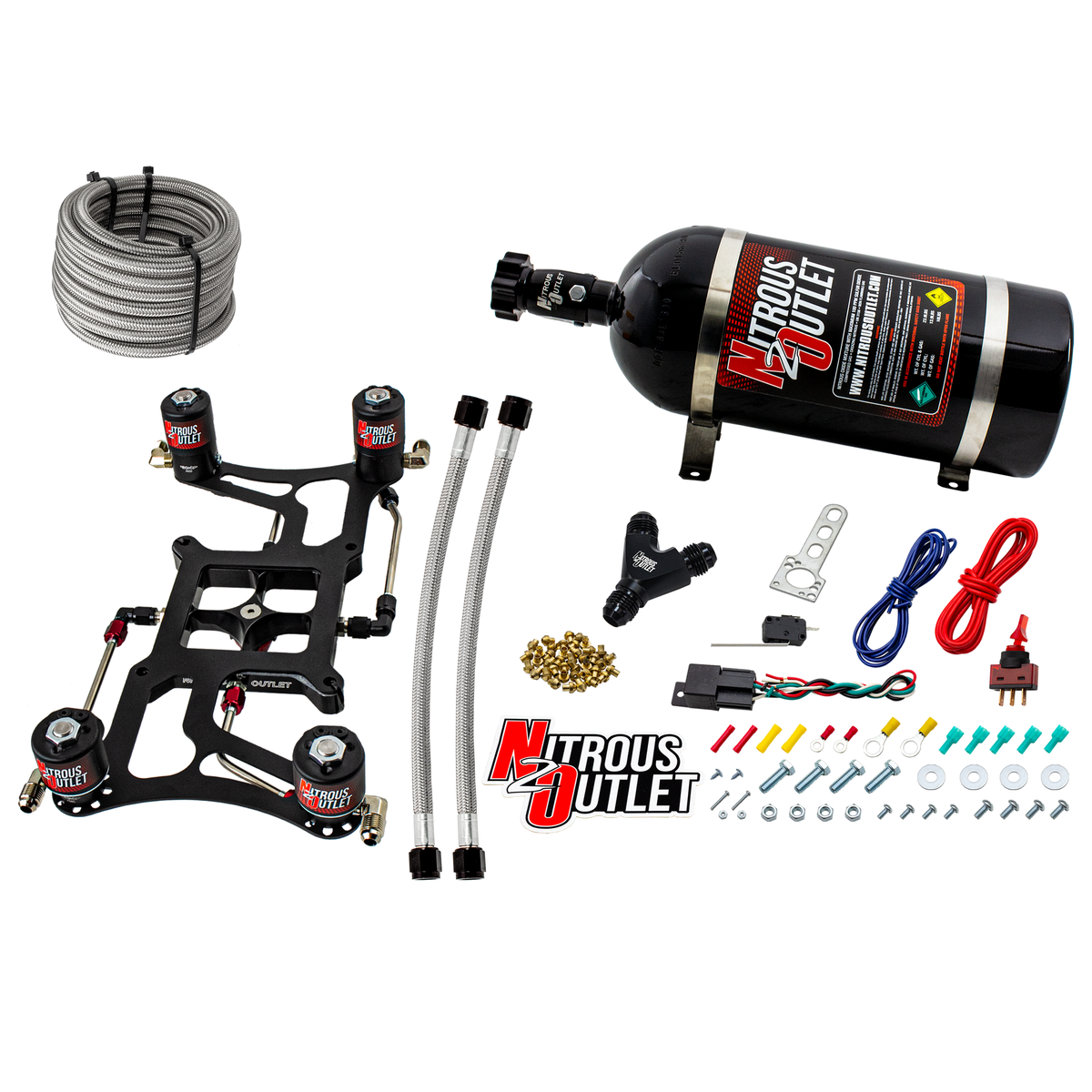 Nitrous Outlet 4500 Hornet 2 Dual Stage System - Hard-line/Two .122 Nitrous Solenoids/Two .177 Fuel Solenoids/Four Solenoid Boomerang Bracket - (Gas/E85)(5-55 psi)(50-500 HP Per Stage)(12lb Bottle)