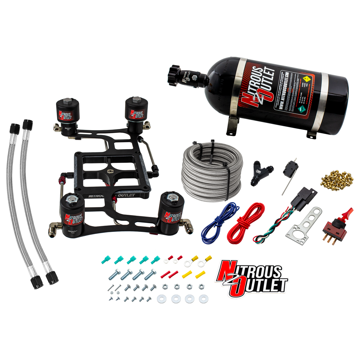 Nitrous Outlet 4500 Hornet 2 Race Dual Stage System - Hard-line/Two .178 Trashcan Nitrous Solenoids/Two .310 Fuel Solenoids/Four Solenoid Boomerang Bracket - (Gas/E85)(5-55 psi)(50-600 HP Per Stage)(15lb Bottle)