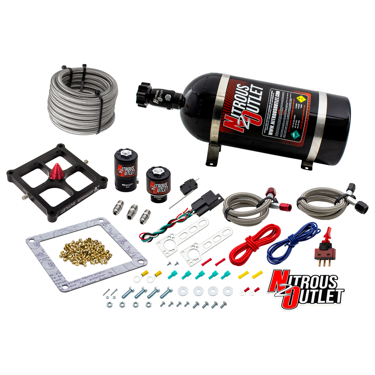 Nitrous Outlet 4500 Stinger 2 System - Braided Hoses/.122 Nitrous Solenoid/.177 Fuel Solenoid/Universal Solenoid Brackets - (Gas/E85)(5-55 psi)(50-500 HP)(15lb Bottle)