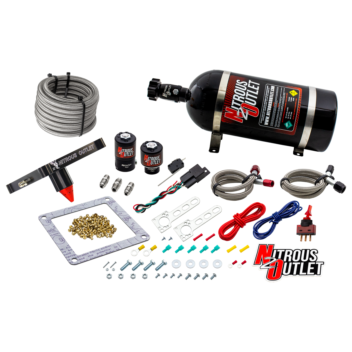 Nitrous Outlet 4500 Stinger 3 System - Braided Hoses/.122 Nitrous Solenoid/.177 Fuel Solenoid/Universal Solenoid Brackets - (Gas/E85)(5-55 psi)(50-500 HP)(No Bottle)