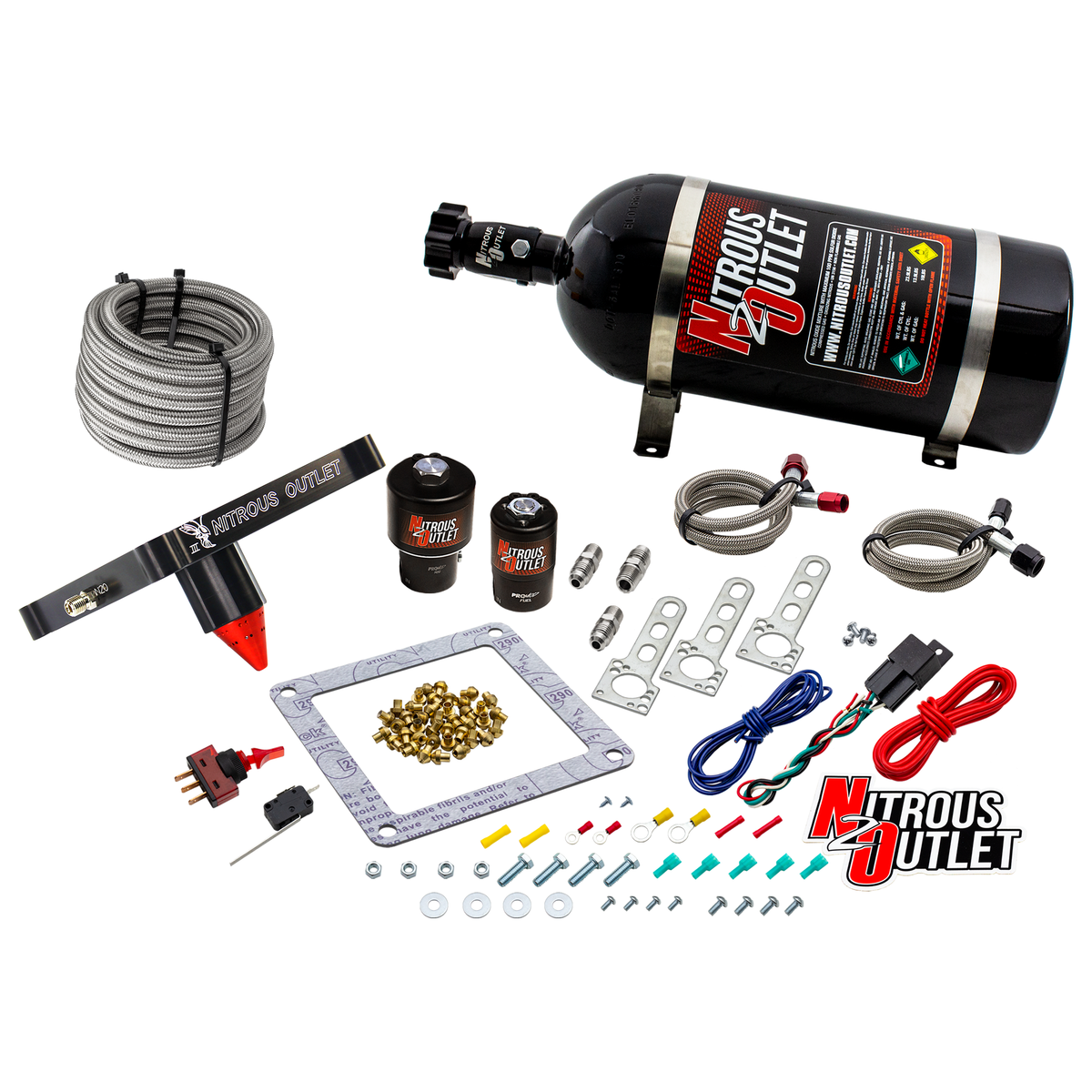 Nitrous Outlet 4500 Stinger 3 Race System - Braided Hoses/.178 Trashcan Nitrous Solenoid/.310 Fuel Solenoid/Universal Solenoid Brackets - (Gas/E85)(5-55 psi)(50-600 HP)(No Bottle)