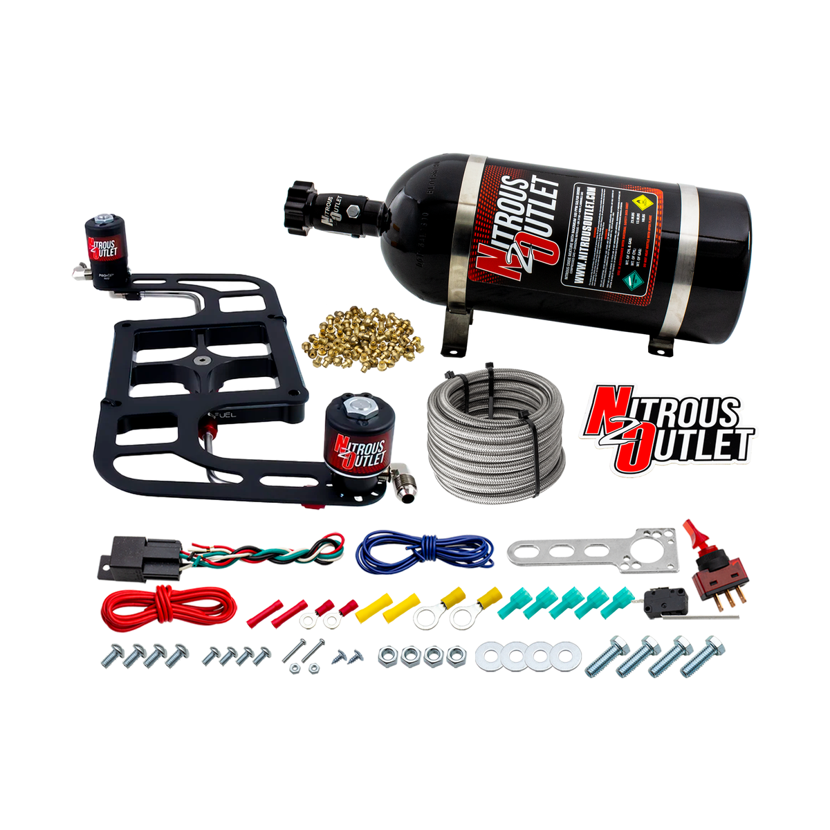Nitrous Outlet 4500 Stinger 2 System - Hard-line/.122 Nitrous Solenoid/.177 Fuel Solenoid/Boomerang Solenoid Bracket - (Gas/E85)(5-55 psi)(50-500 HP)(10lb Bottle)
